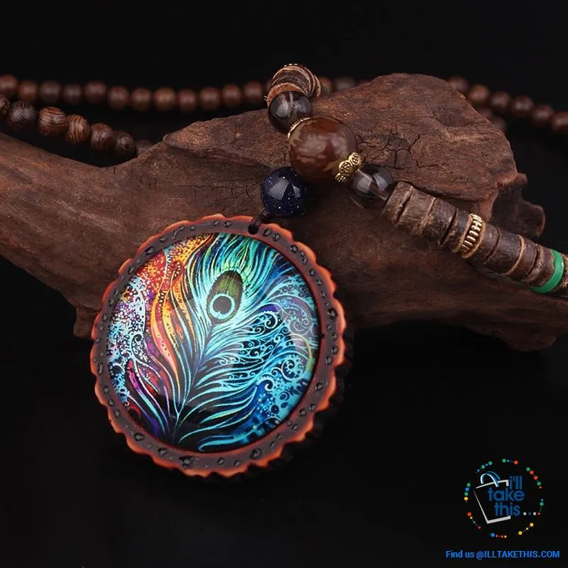 🦚 Handmade Peacock Feather Pendand - Necklace Sandalwood/Acrylic Beads 32" long