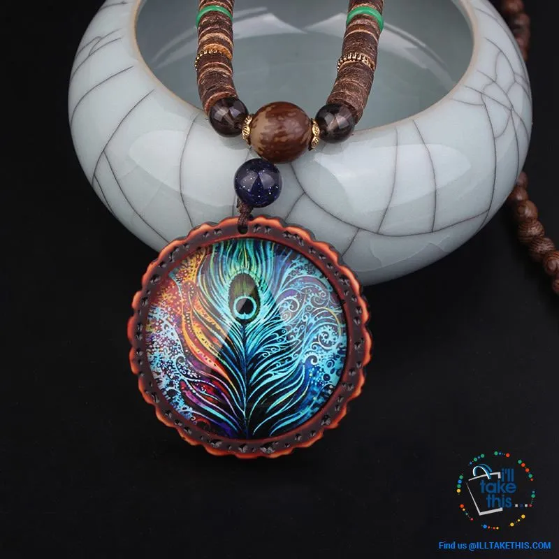 🦚 Handmade Peacock Feather Pendand - Necklace Sandalwood/Acrylic Beads 32" long
