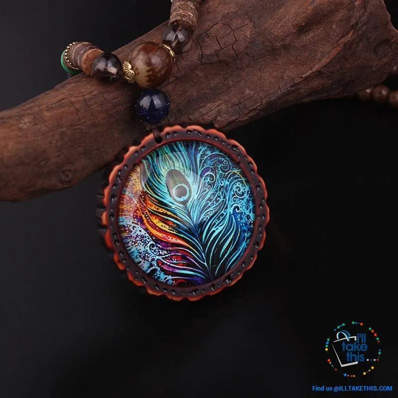 🦚 Handmade Peacock Feather Pendand - Necklace Sandalwood/Acrylic Beads 32" long