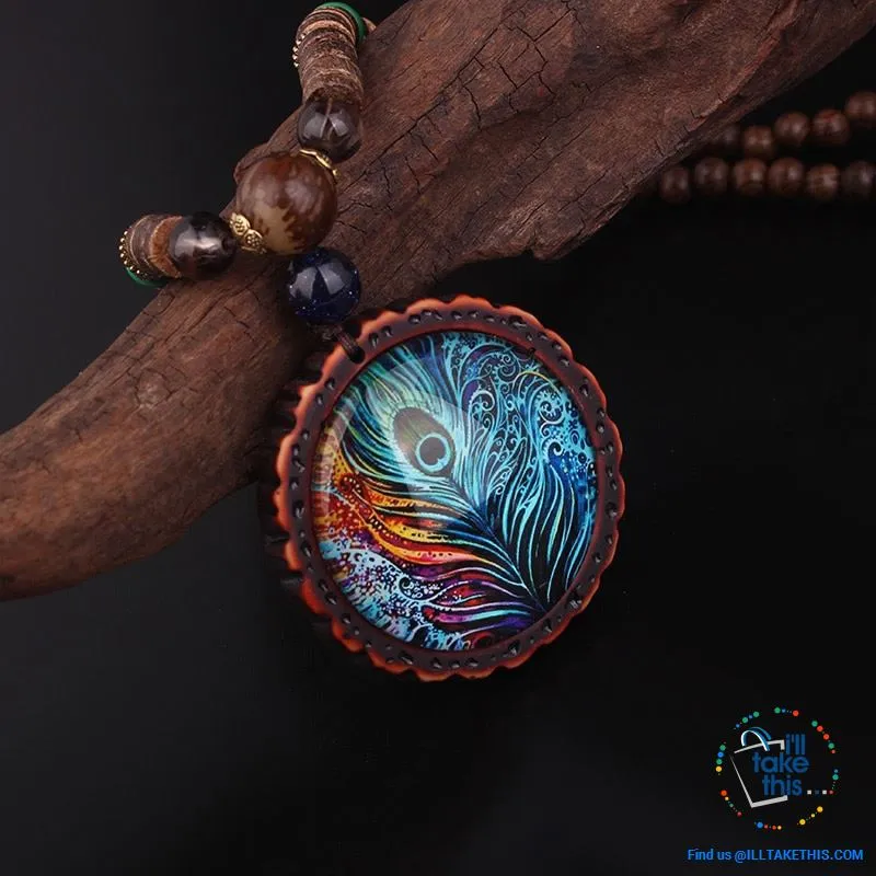 🦚 Handmade Peacock Feather Pendand - Necklace Sandalwood/Acrylic Beads 32" long