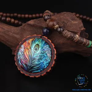 🦚 Handmade Peacock Feather Pendand - Necklace Sandalwood/Acrylic Beads 32" long