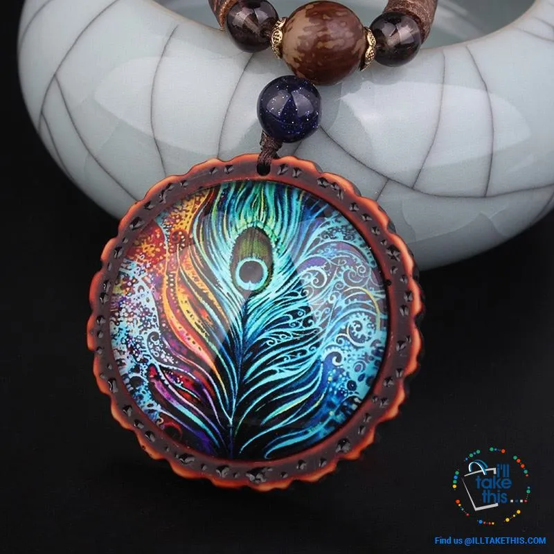 🦚 Handmade Peacock Feather Pendand - Necklace Sandalwood/Acrylic Beads 32" long