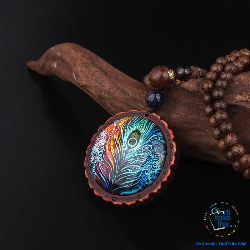 🦚 Handmade Peacock Feather Pendand - Necklace Sandalwood/Acrylic Beads 32" long