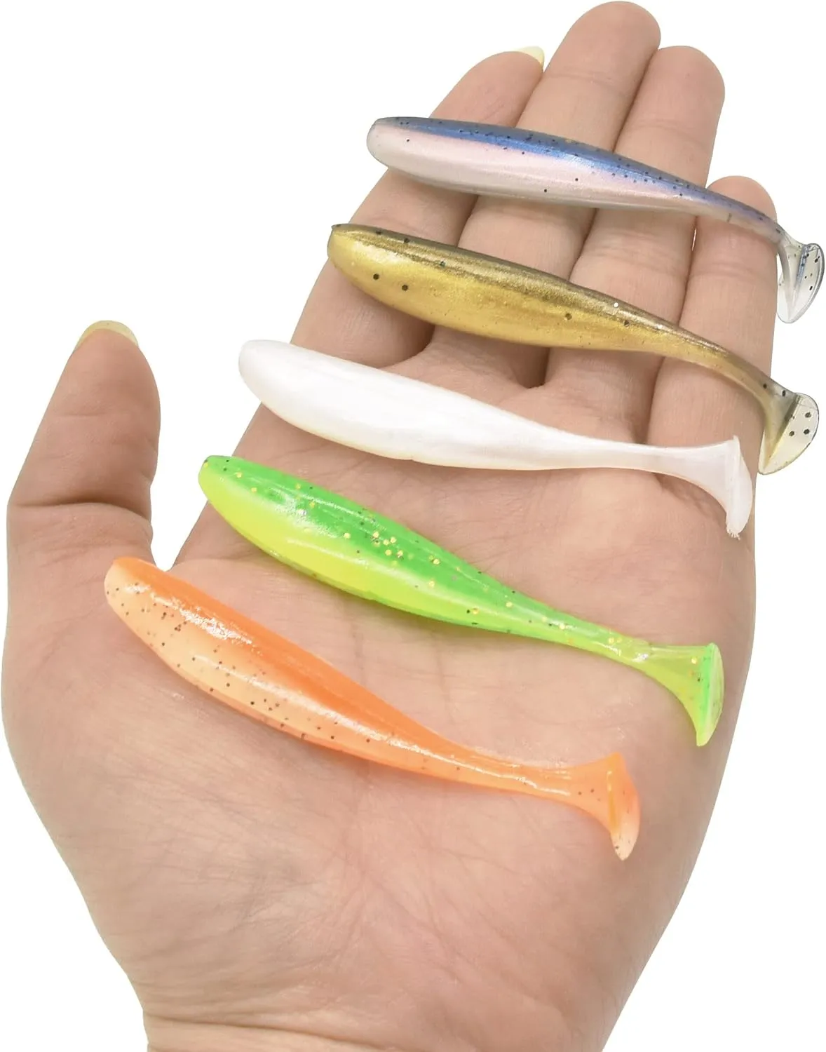 100PCS Bait Fishing Soft Plastic Lures, Soft Paddle Tail Lures for Freshwater and Saltwater Bass Lures with Box White red Green Gray Loach 2g,7cm