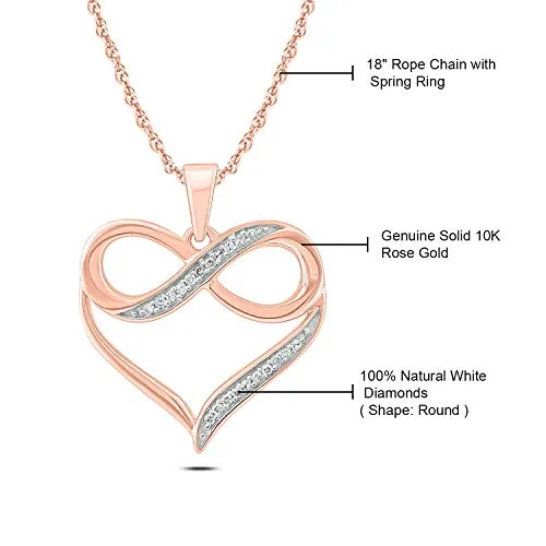 10K Rose Gold Diamond Infinity Heart Pendant Necklace for Women (1/20 ct), 18”