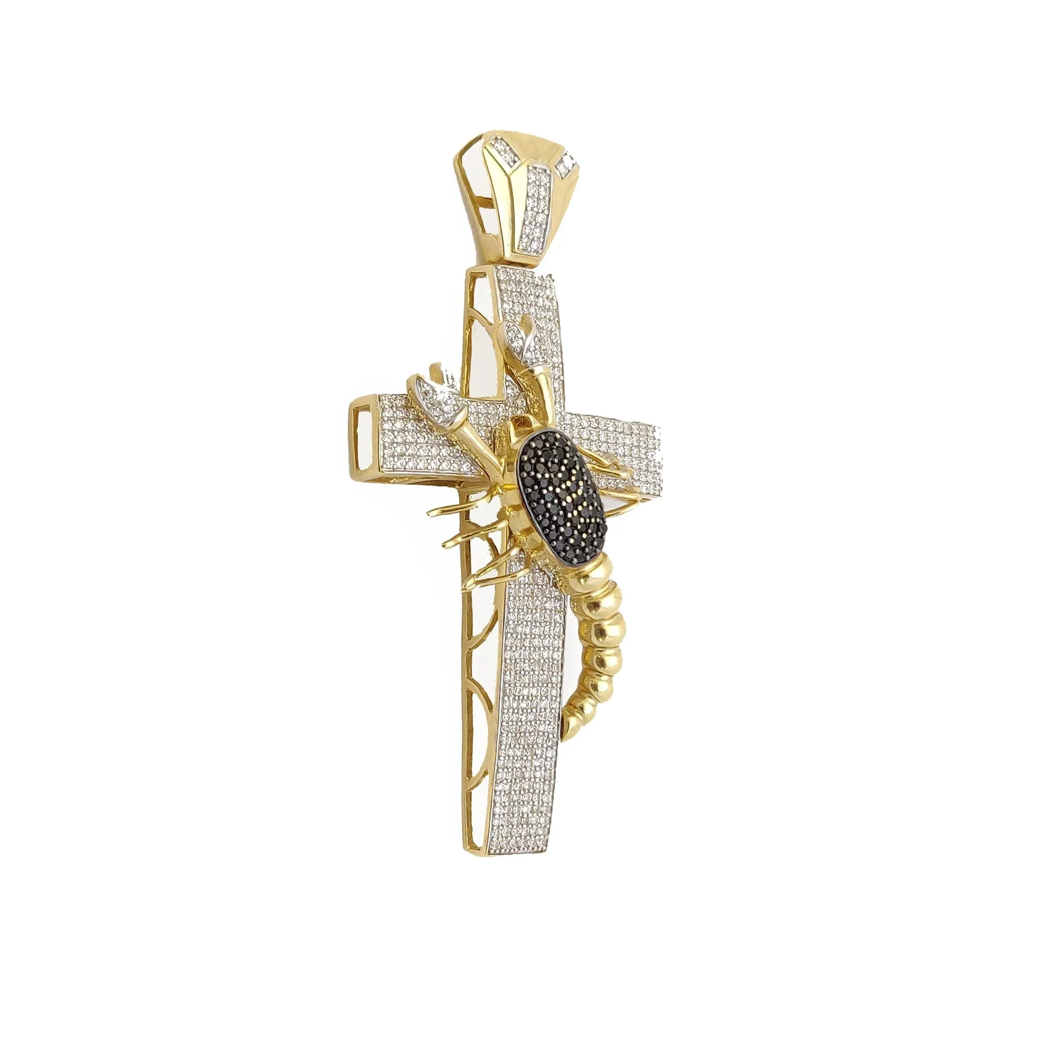3D Iced-Out Scorpion Cross CZ Pendant (14K).