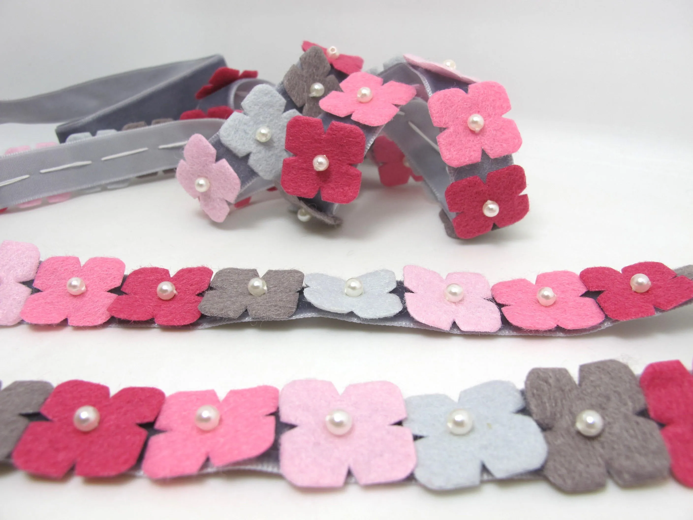 7/8 Inch Gray Felt Flower with Pearl Embroidered on Velvet Ribbon|Sewing|Quilting|Craft Supplies|Hair Accessories|Necklace DIY|Costumes