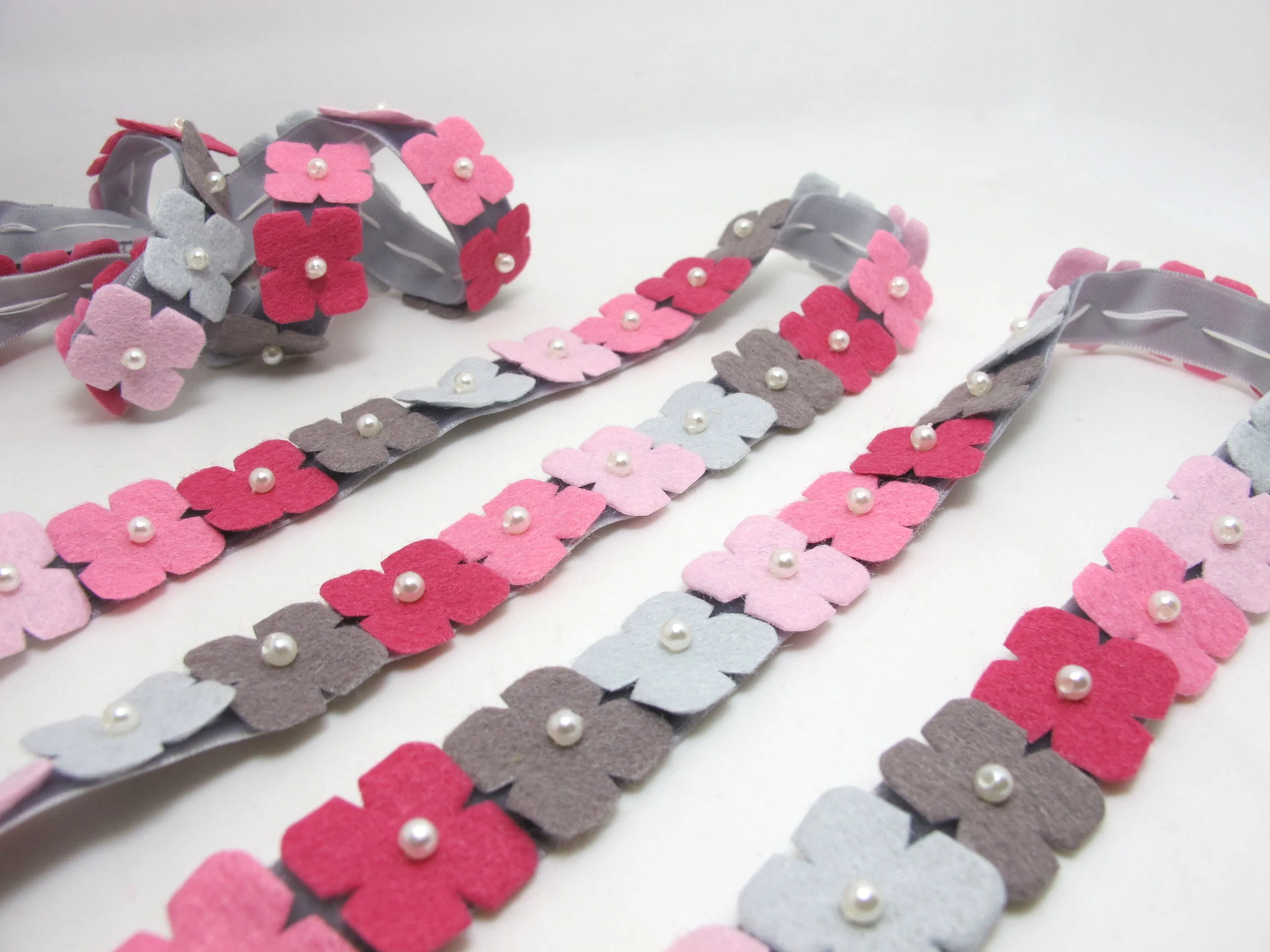 7/8 Inch Gray Felt Flower with Pearl Embroidered on Velvet Ribbon|Sewing|Quilting|Craft Supplies|Hair Accessories|Necklace DIY|Costumes