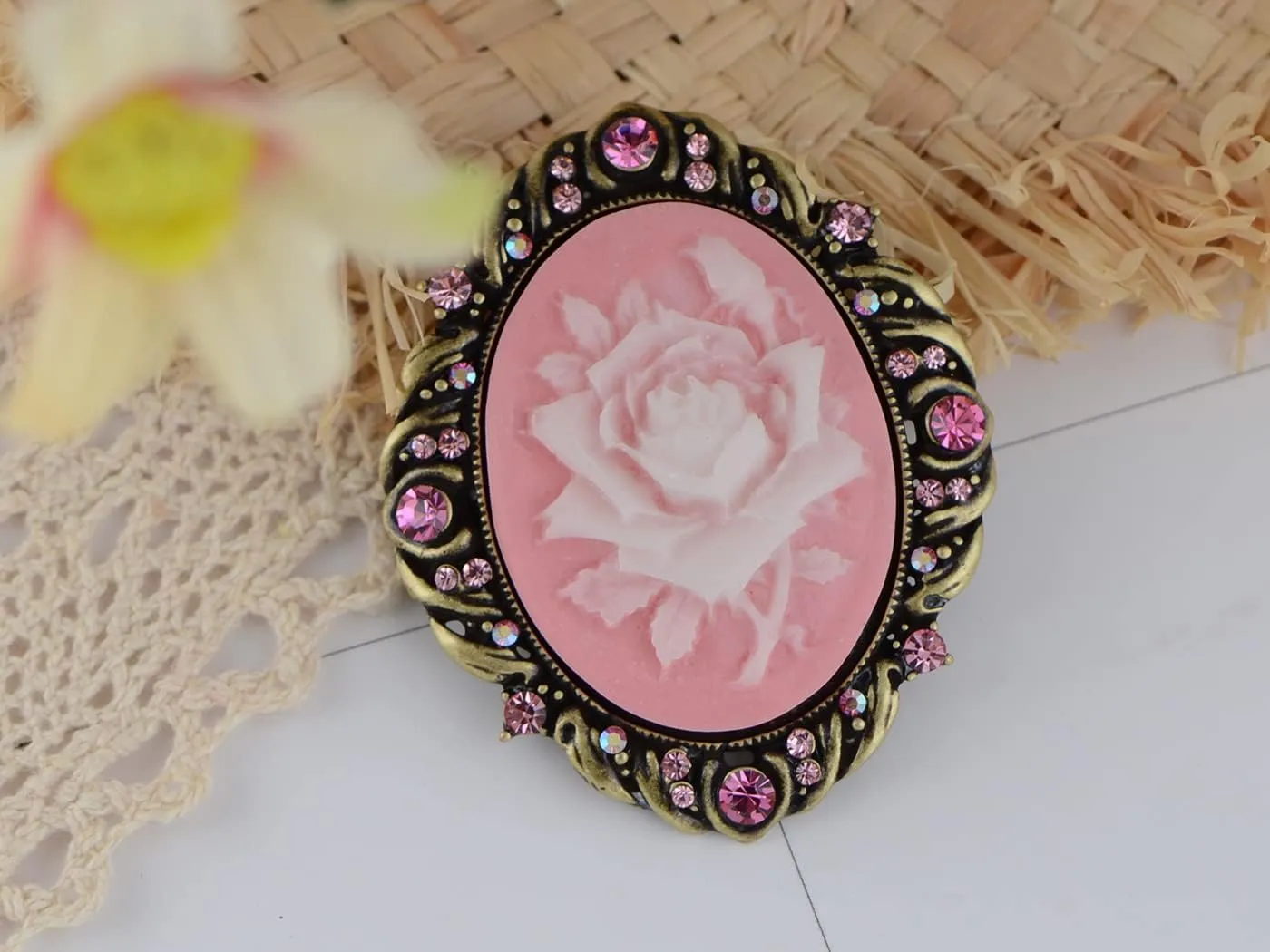 Alilang Vintage Inspired Antique Reproduct Rose Pink Crystal Flower Cameo Pin Brooch