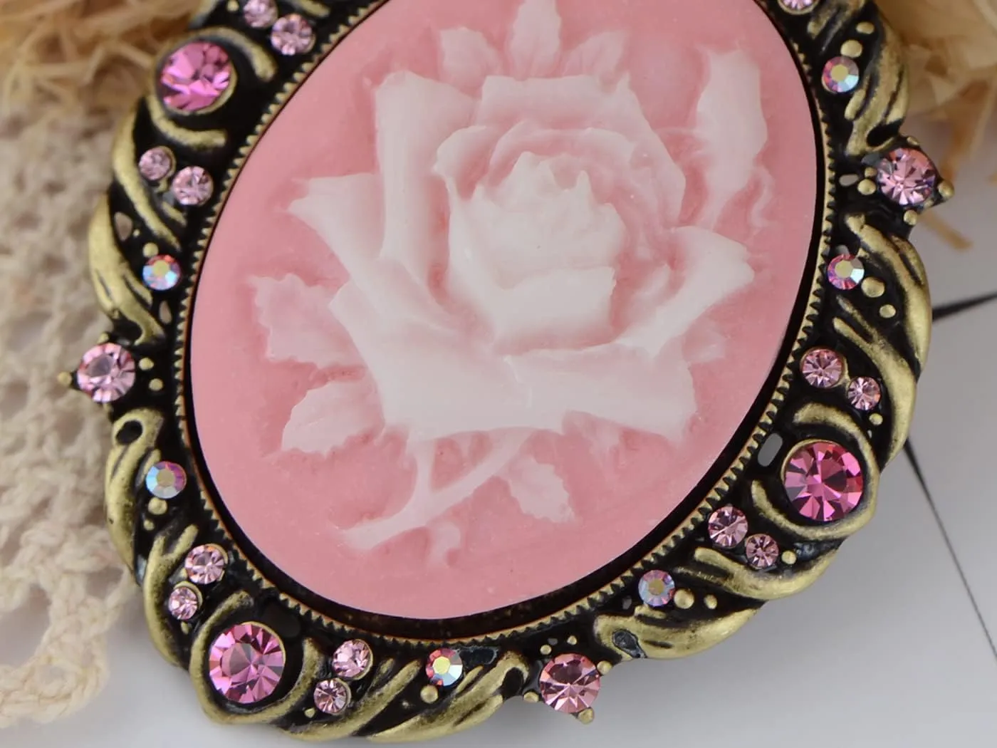 Alilang Vintage Inspired Antique Reproduct Rose Pink Crystal Flower Cameo Pin Brooch