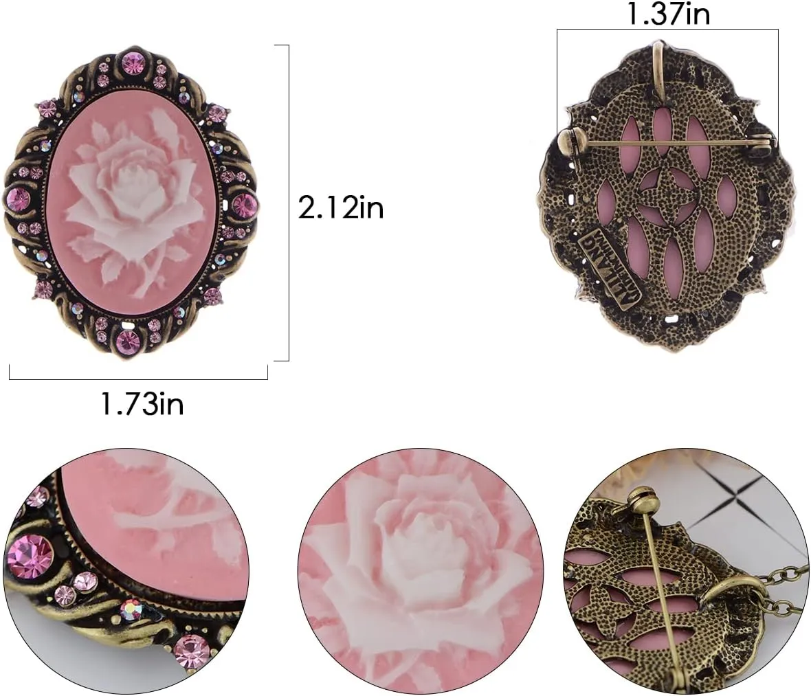 Alilang Vintage Inspired Antique Reproduct Rose Pink Crystal Flower Cameo Pin Brooch
