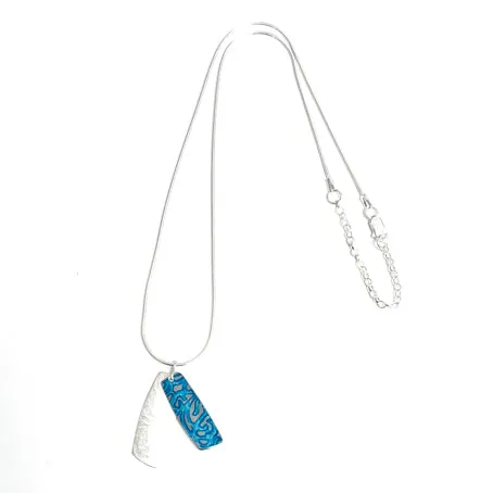 Aluminium and silver double rectangular pendant - petrol blue