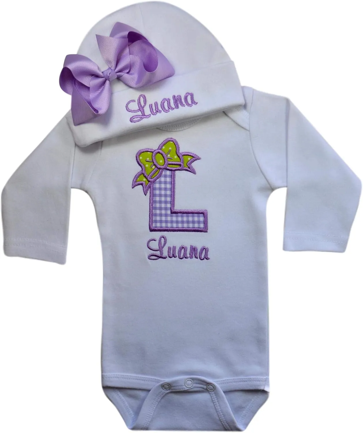 Baby Girl Embroidered INITIAL Bodysuit and MATCHING Grosgrain Bow Hat Personalized with Your Custom Name