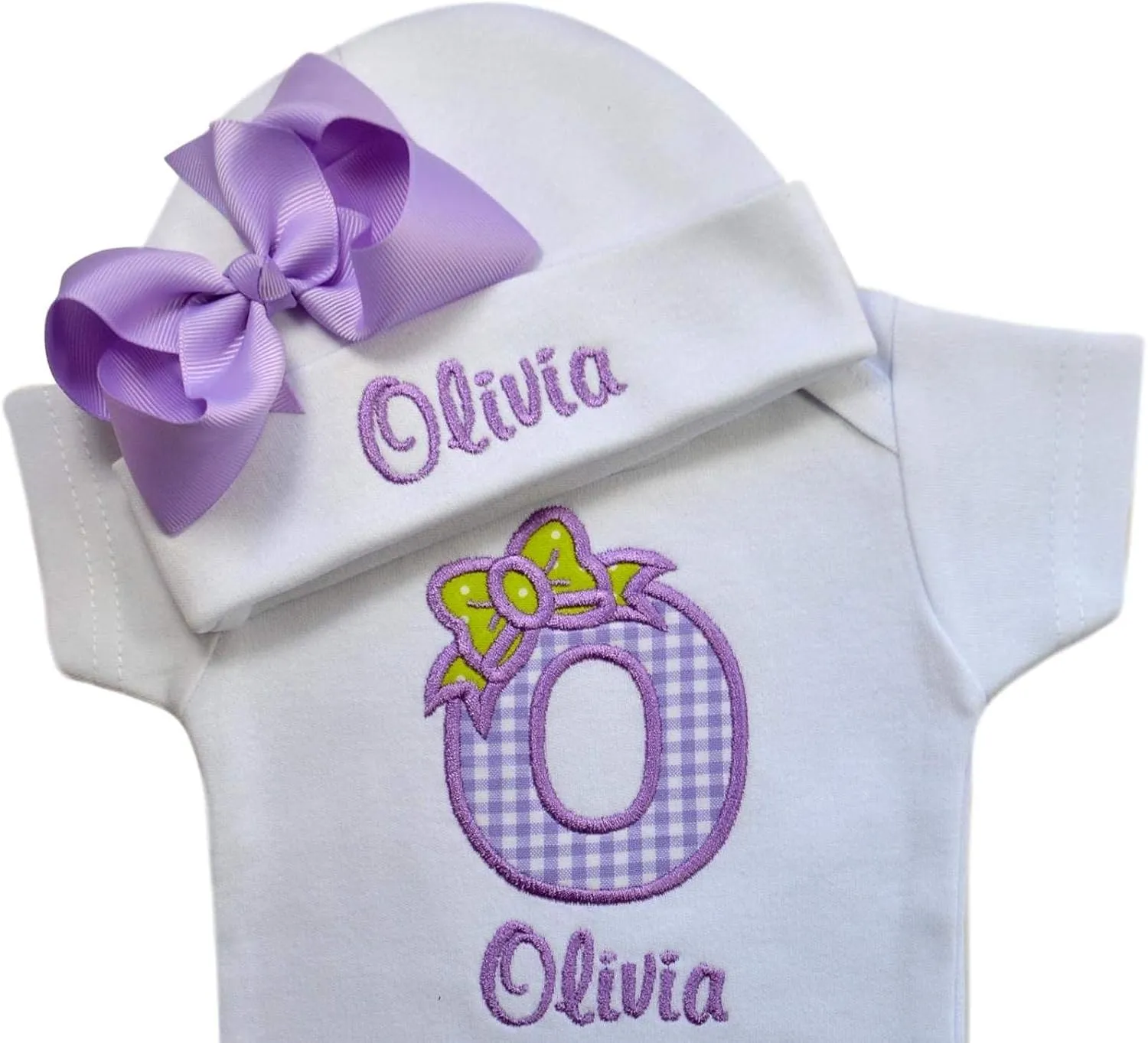 Baby Girl Embroidered INITIAL Bodysuit and MATCHING Grosgrain Bow Hat Personalized with Your Custom Name