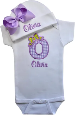 Baby Girl Embroidered INITIAL Bodysuit and MATCHING Grosgrain Bow Hat Personalized with Your Custom Name