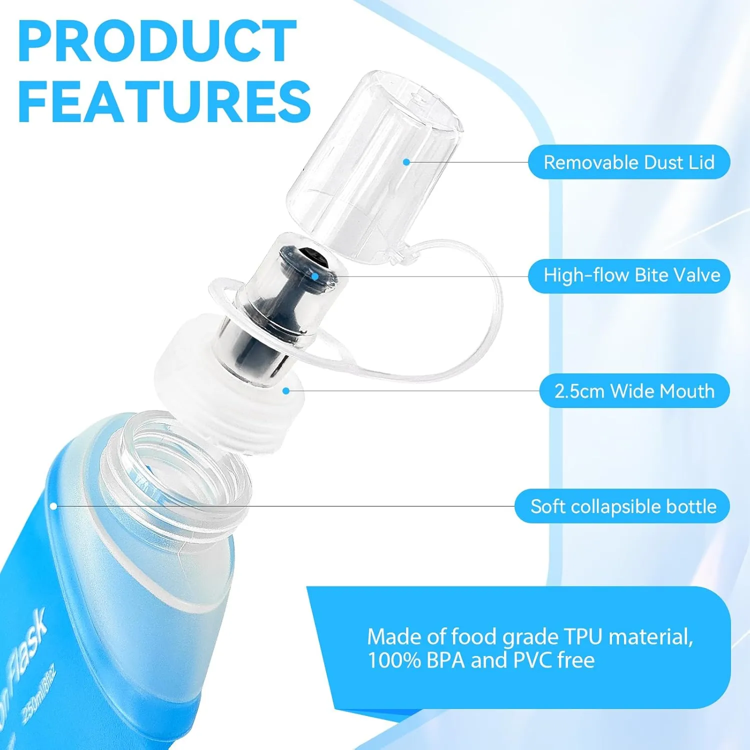 Buite 250ML Soft Flask, Portable TPU Soft Flask Running Bottles for Running Vest, Hydration Pack - Ideal for Hiking Cycling ClimbingGray)