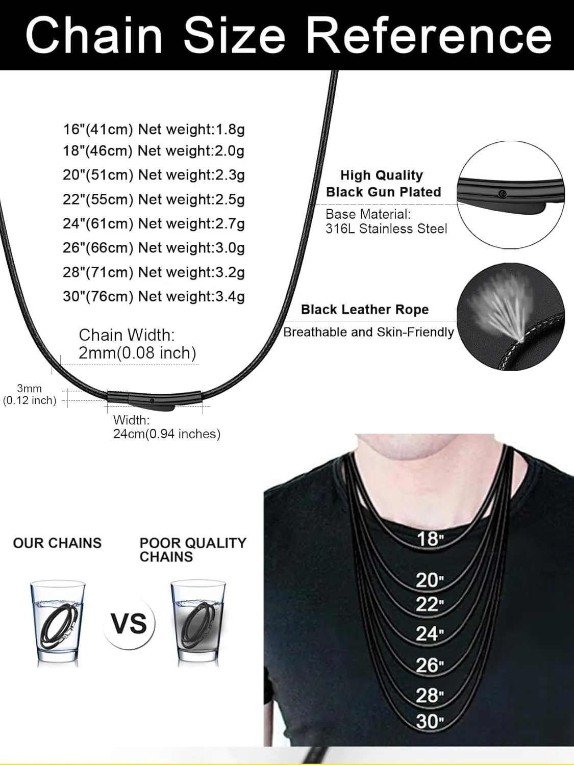 ChainsHouse Waterproof Braided Leather Cord Chain Necklace, Men Women DIY Woven Wax Rope Chain for Pendant, Customize Available, 2/3mm Width, 16" 18" 20" 22" 24" 26" 28" 30" Length(with Gift Box)