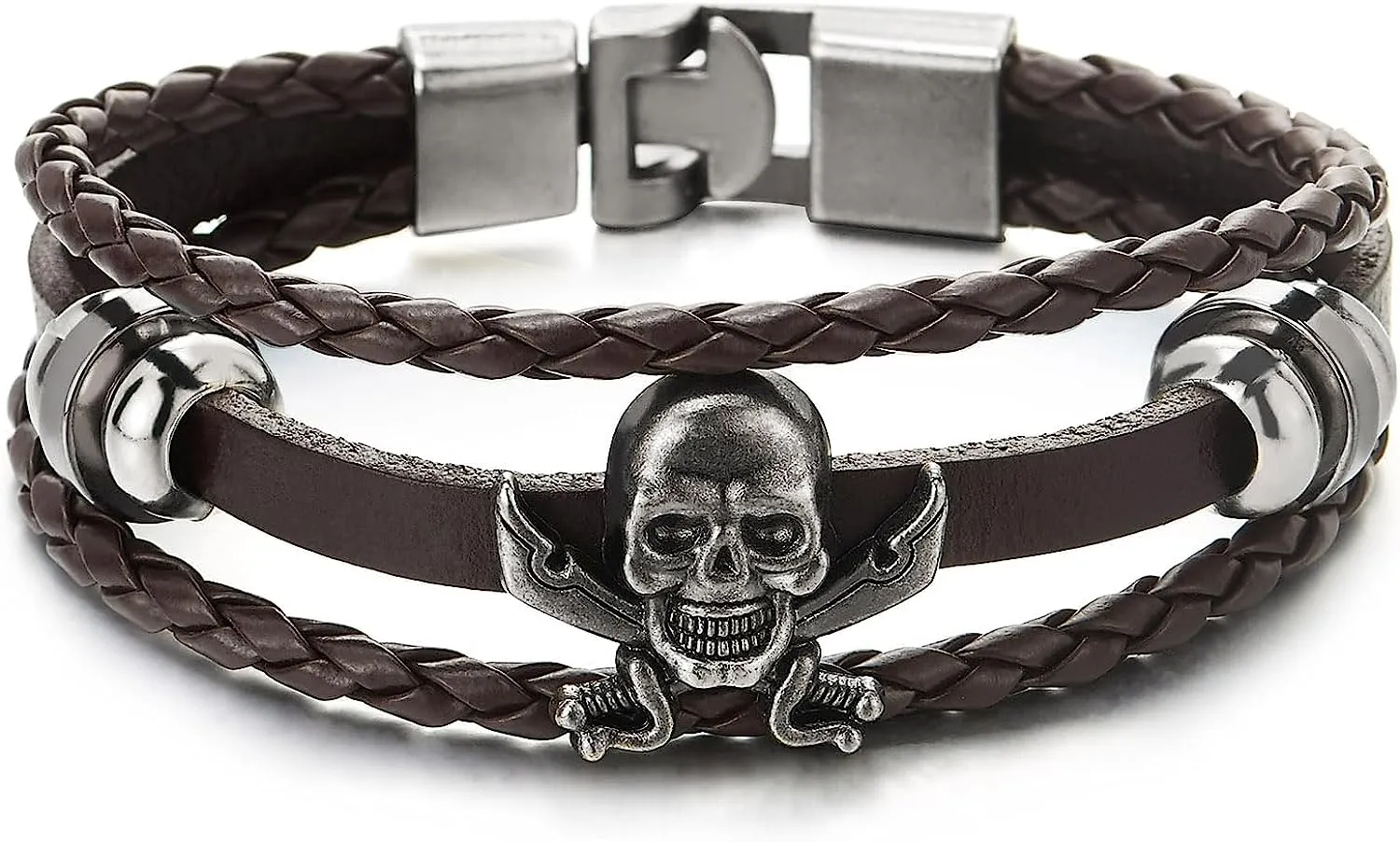 COOLSTEELANDBEYOND Brown Braided Leather Bracelet Sword Pirate Skull Mens Women Multi-Strand Leather Wristband