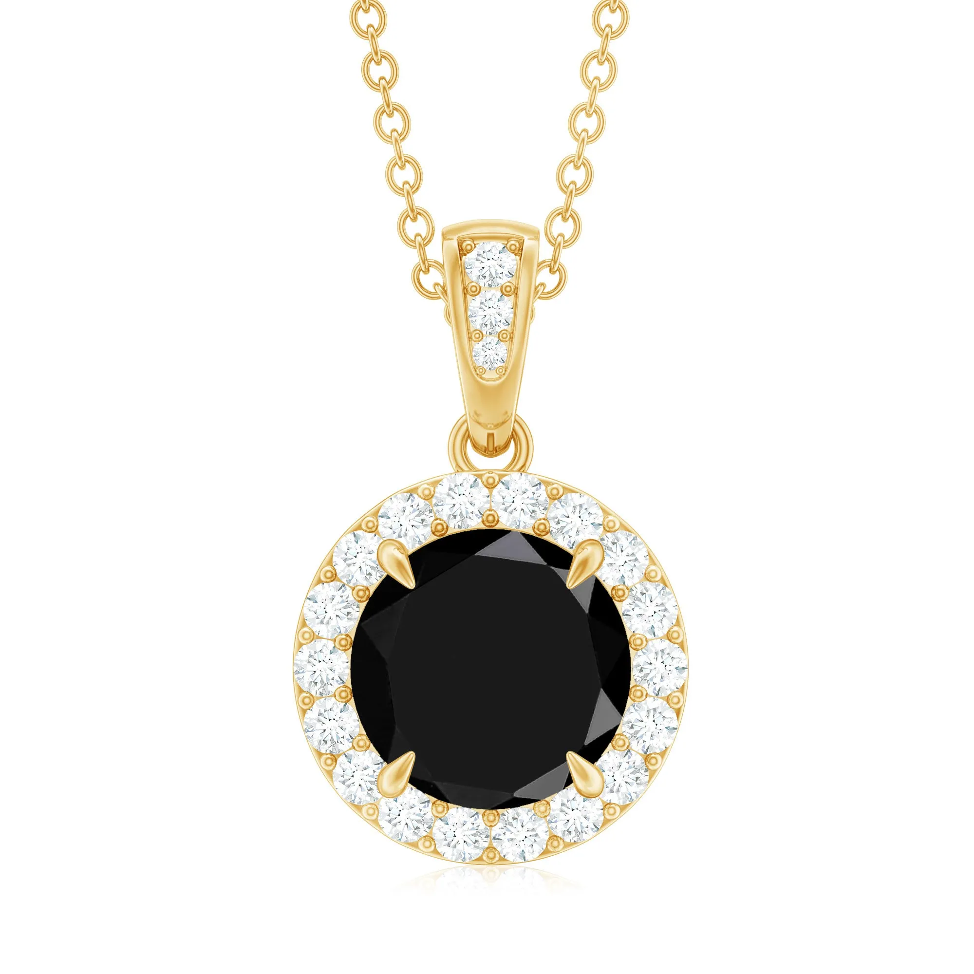 Created Black Diamond and Diamond Halo Pendant Necklace