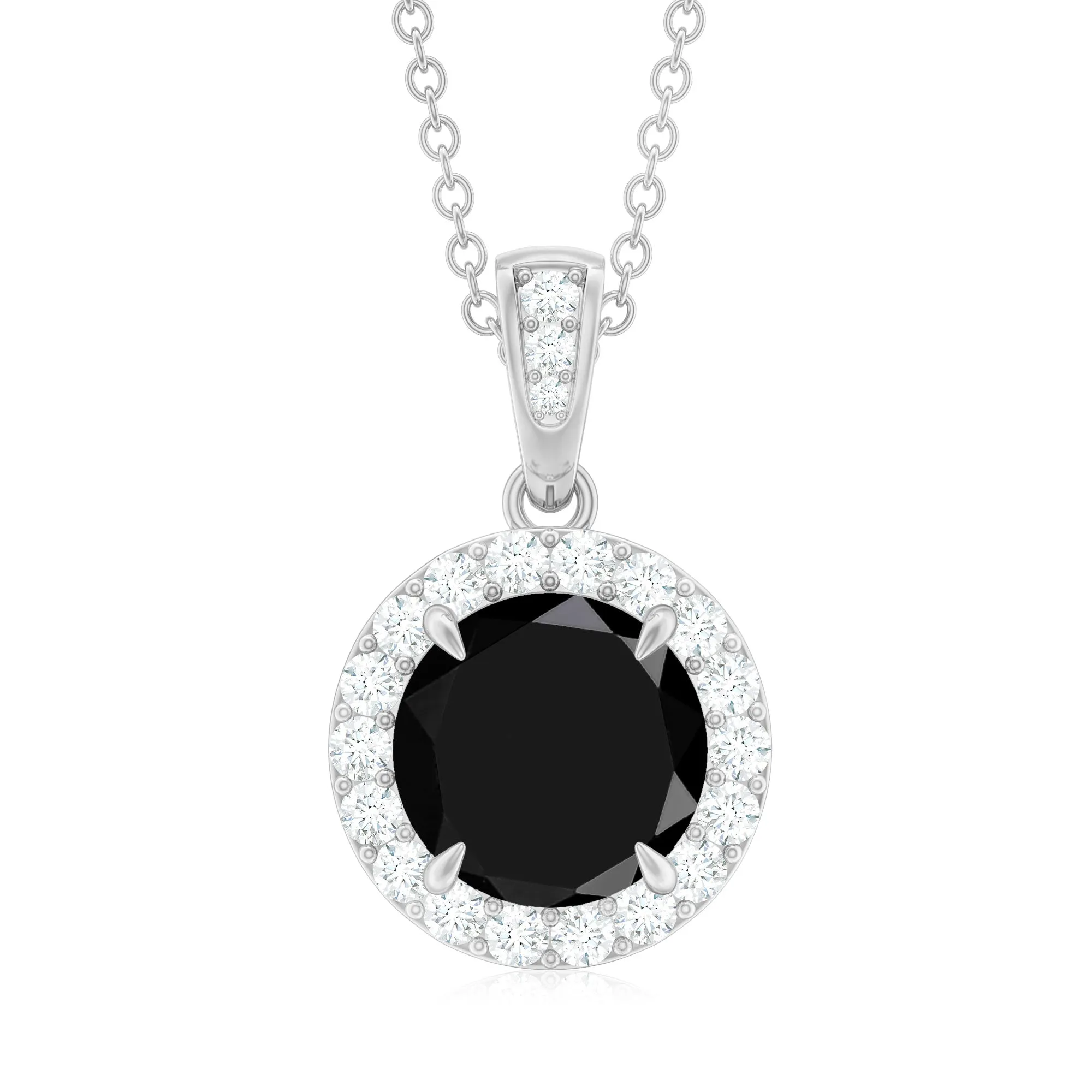 Created Black Diamond and Diamond Halo Pendant Necklace