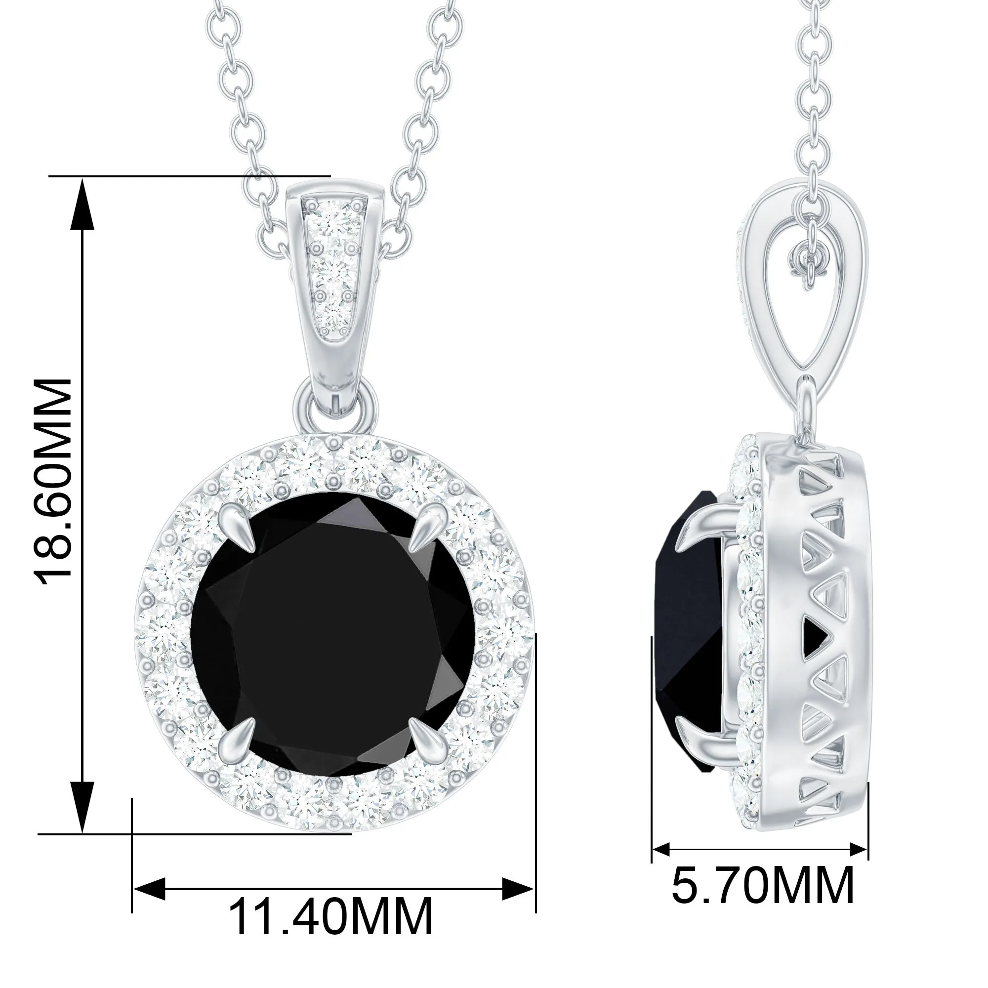 Created Black Diamond and Diamond Halo Pendant Necklace