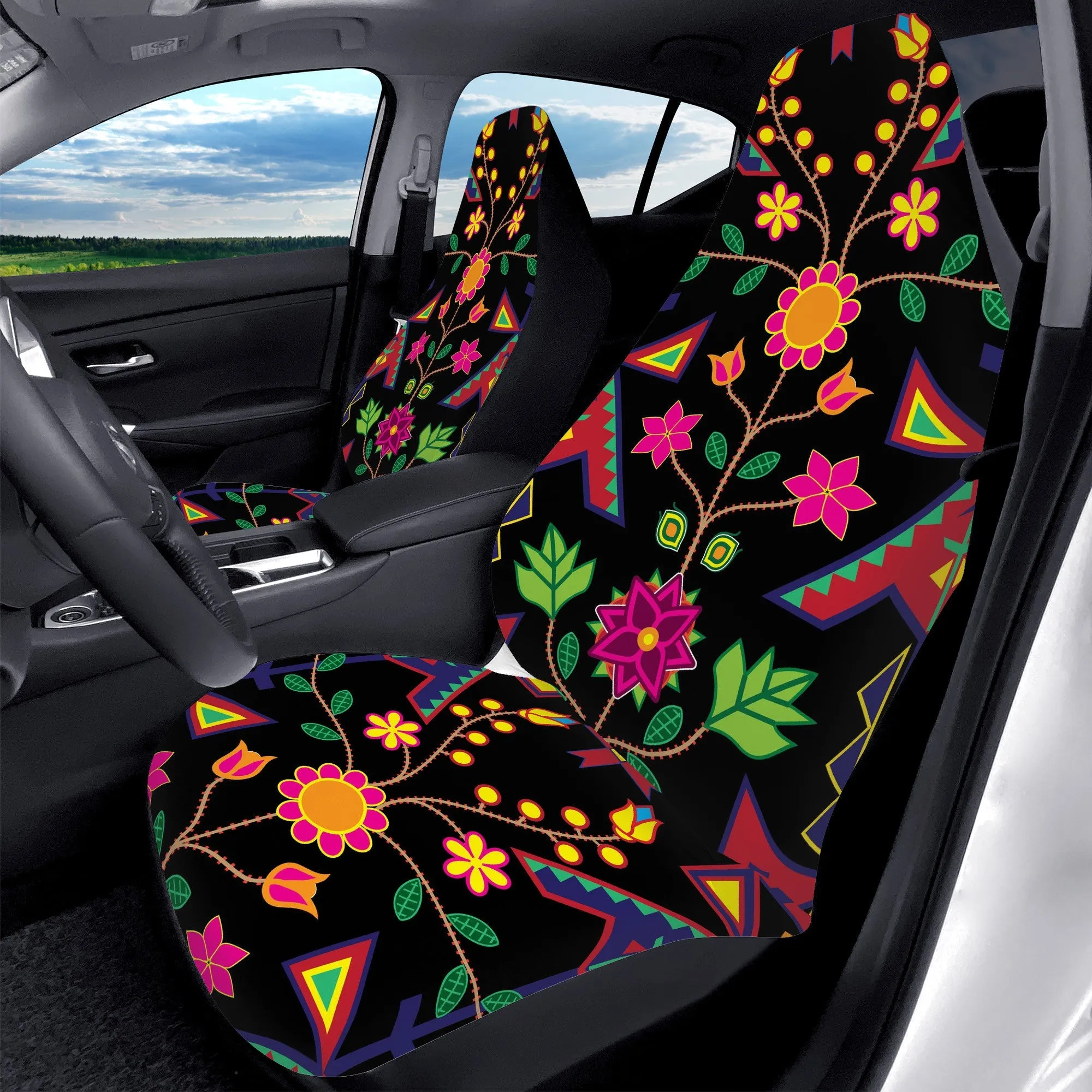 D50 Geometric Floral Spring Black Car Seat Covers