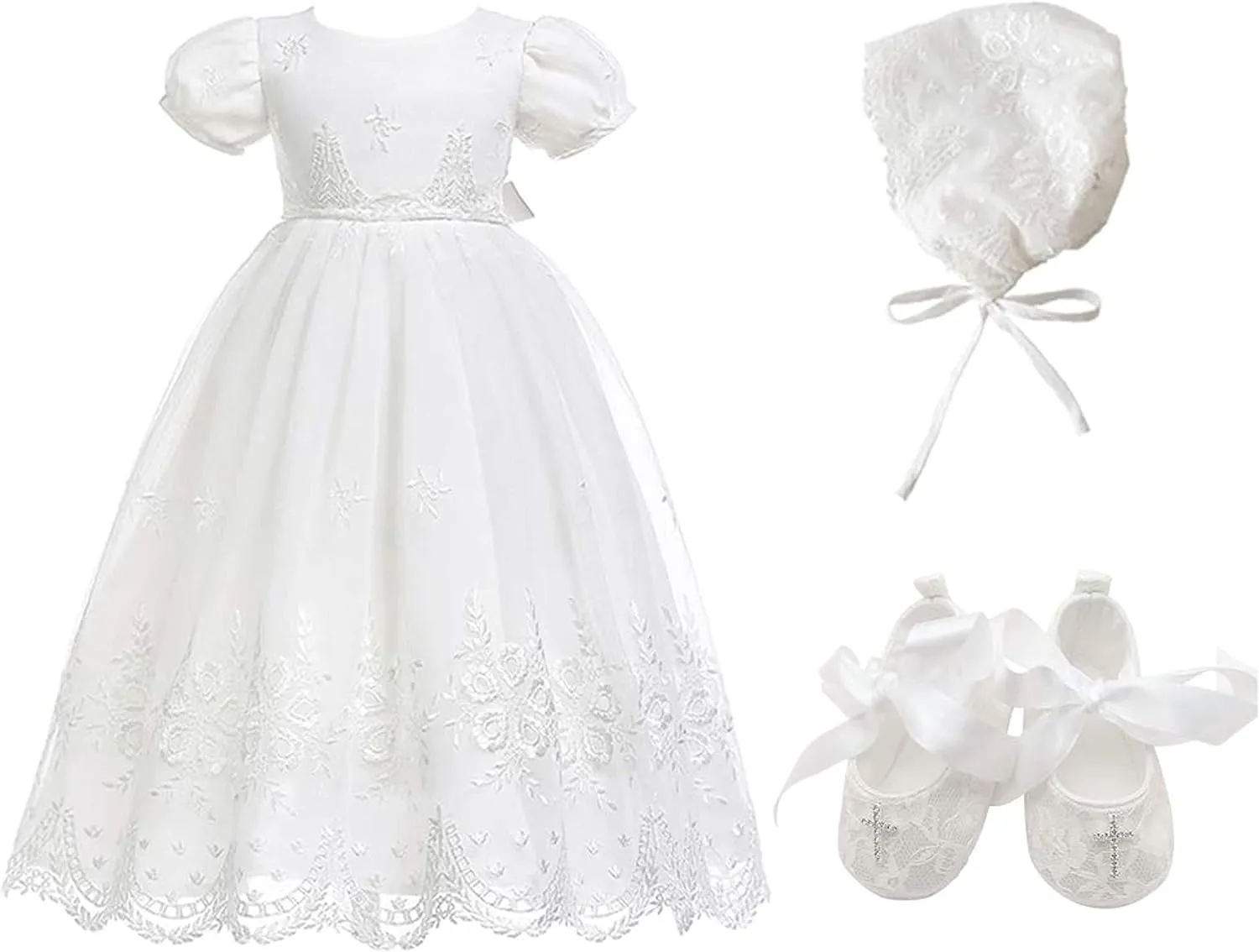 Glamulice Baby-Girls Newborn Satin Christening Baptism Floral Embroidered Dress Gown Outfit
