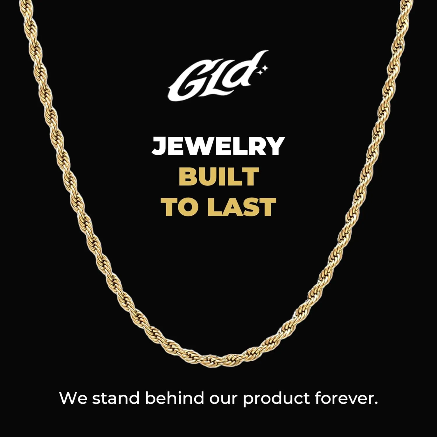 GLD Rope Link Chain - Gold-Plated Rope Cuban Chain with Exclusive Storage Travel Pouch - Snatch-Proof Clasp, Sweat-Proof and Fade-Resistant - Lifetime Quality, Designed in Miami