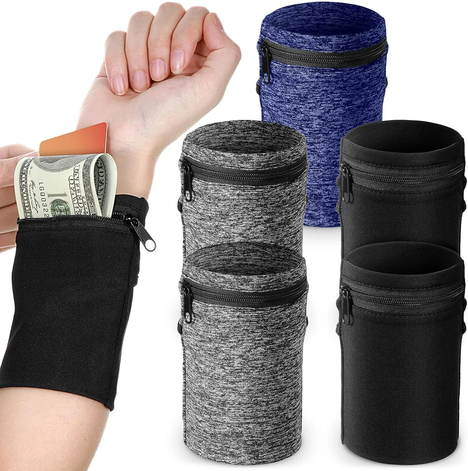 Honoson 5 Pcs Wrist Wallet for Women Men, Zipper Wrist Pouch Purse for Running Wristband Sweatband Wallet for Running Walking Hiking Jogging Travel Events Keys Cash Napkin