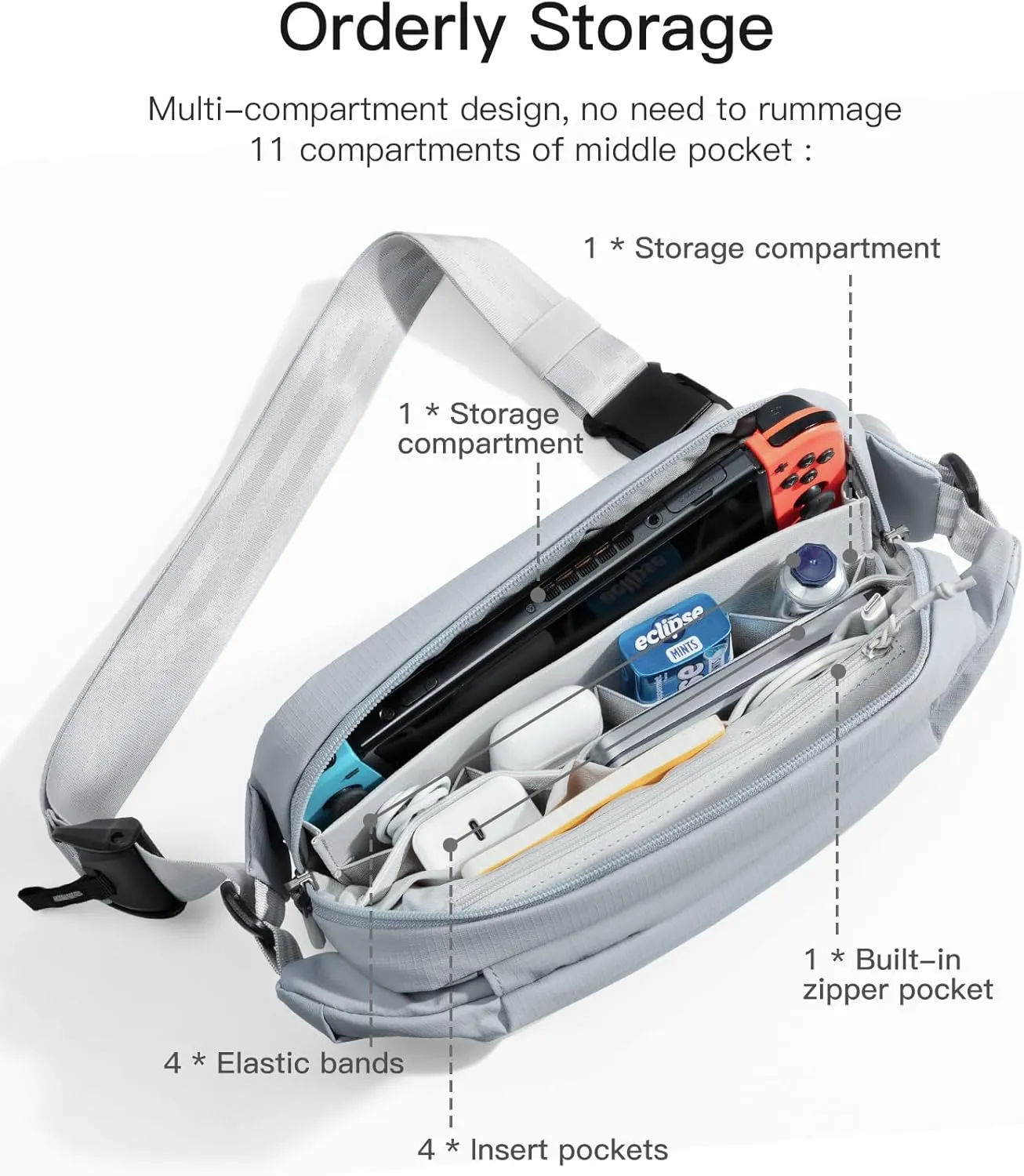 Inateck Sling Bag X, Multi-pocket Crossbody Shoulder Chest Bag with Adjustable Shoulder Strap, Water-resistant Waist Fanny Pack for Men, Women, Travel, Daily Use, Cycling, Hiking, Gray Blue, Large