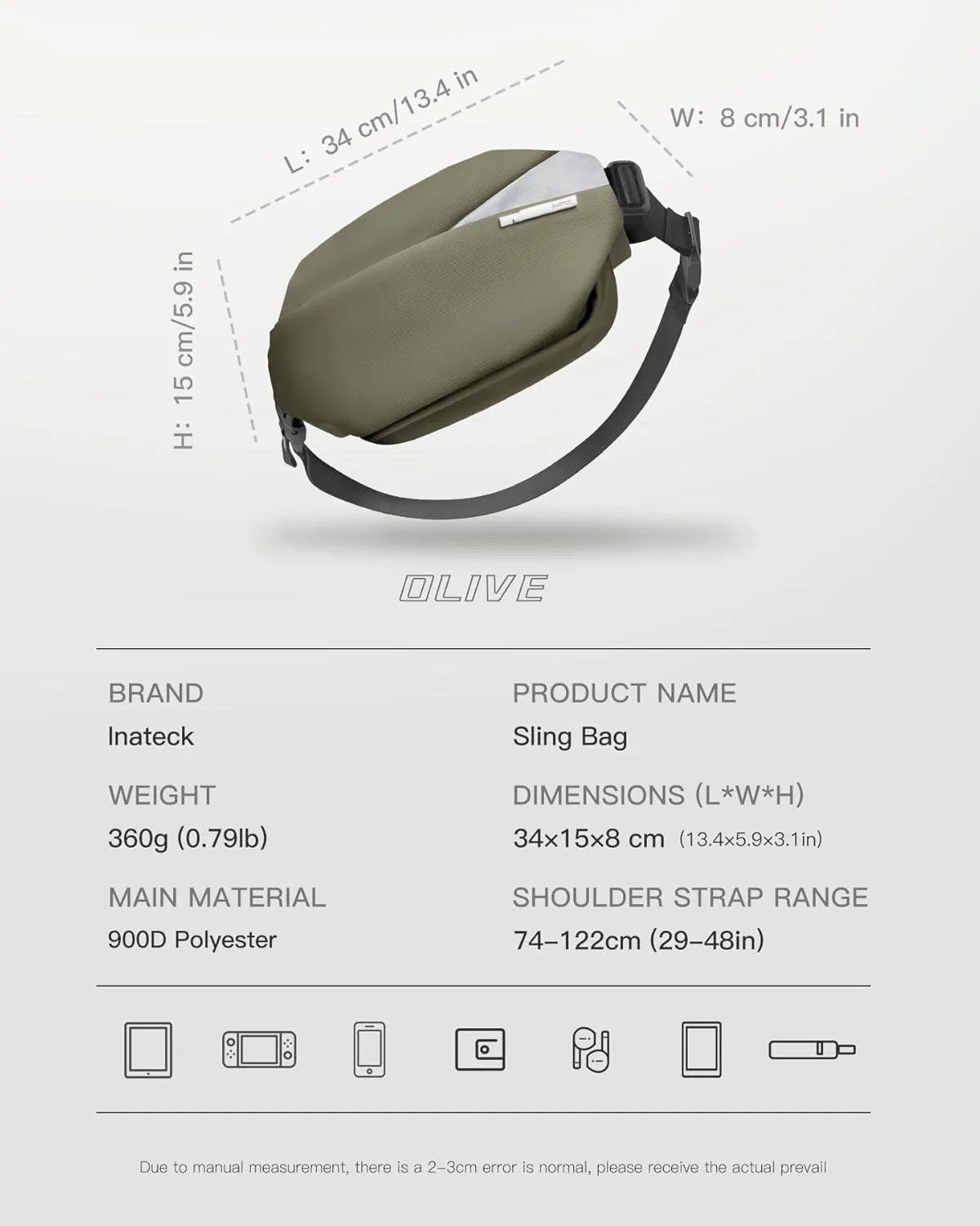 Inateck Sling Bag X, Multi-pocket Crossbody Shoulder Chest Bag with Adjustable Shoulder Strap, Water-resistant Waist Fanny Pack for Men, Women, Travel, Daily Use, Cycling, Hiking, Gray Blue, Large