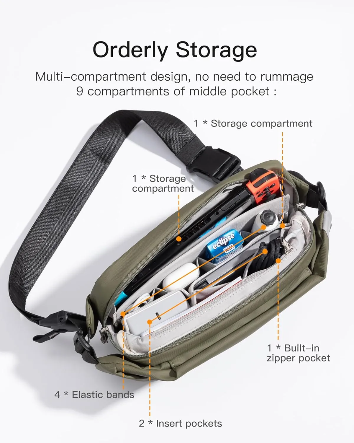 Inateck Sling Bag X, Multi-pocket Crossbody Shoulder Chest Bag with Adjustable Shoulder Strap, Water-resistant Waist Fanny Pack for Men, Women, Travel, Daily Use, Cycling, Hiking, Gray Blue, Large