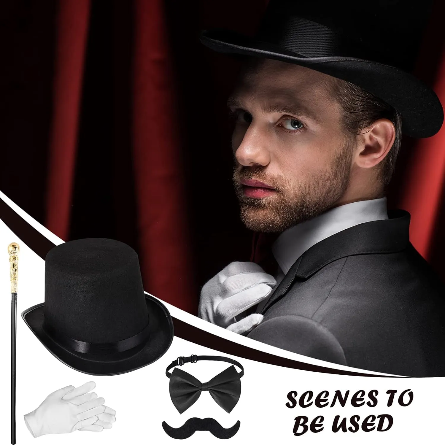Jadive 6 Pcs 1920s Men Accessories Gentleman Costume Hat Round Head Scepter Magnifying Glass Necklace Bow Tie Gloves Beard
