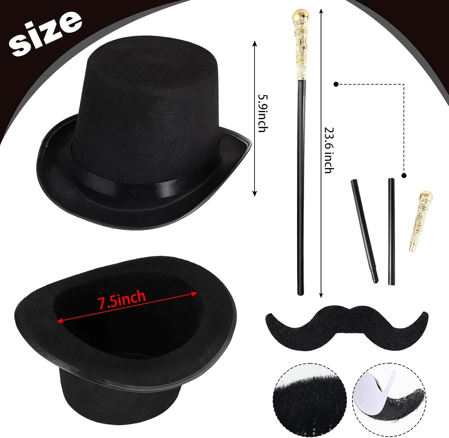 Jadive 6 Pcs 1920s Men Accessories Gentleman Costume Hat Round Head Scepter Magnifying Glass Necklace Bow Tie Gloves Beard