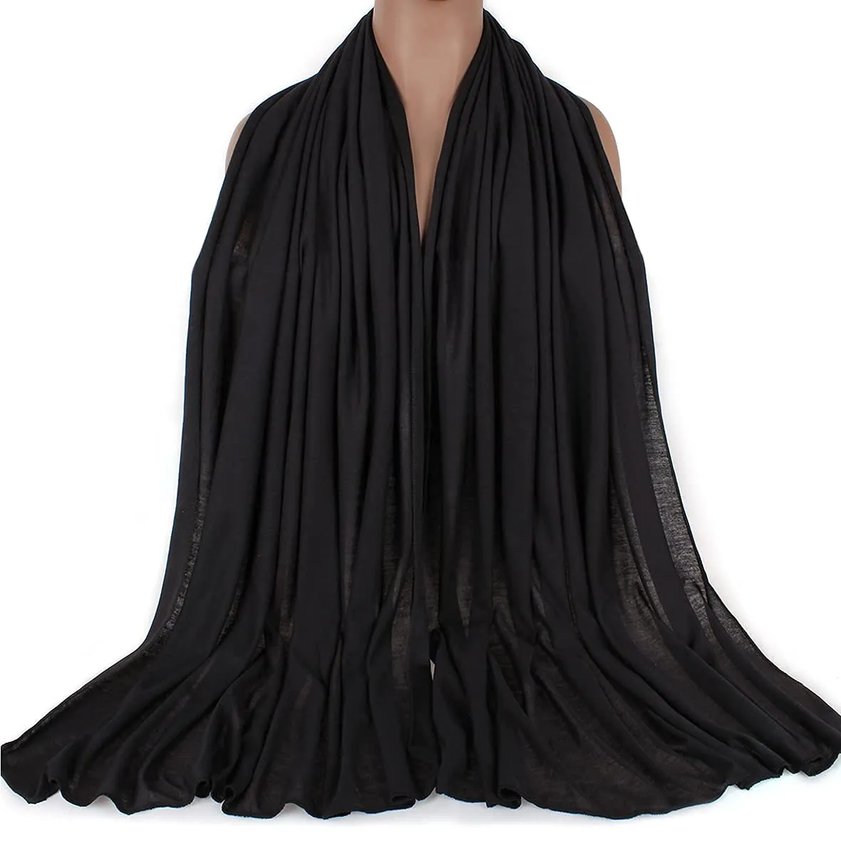 Kachanaa Stretch Jersey Turban Head Wraps Long Solid Color African Shawl Hair Scarfs Lightweight Breathable Head Bands Ties for Black Women(Black)