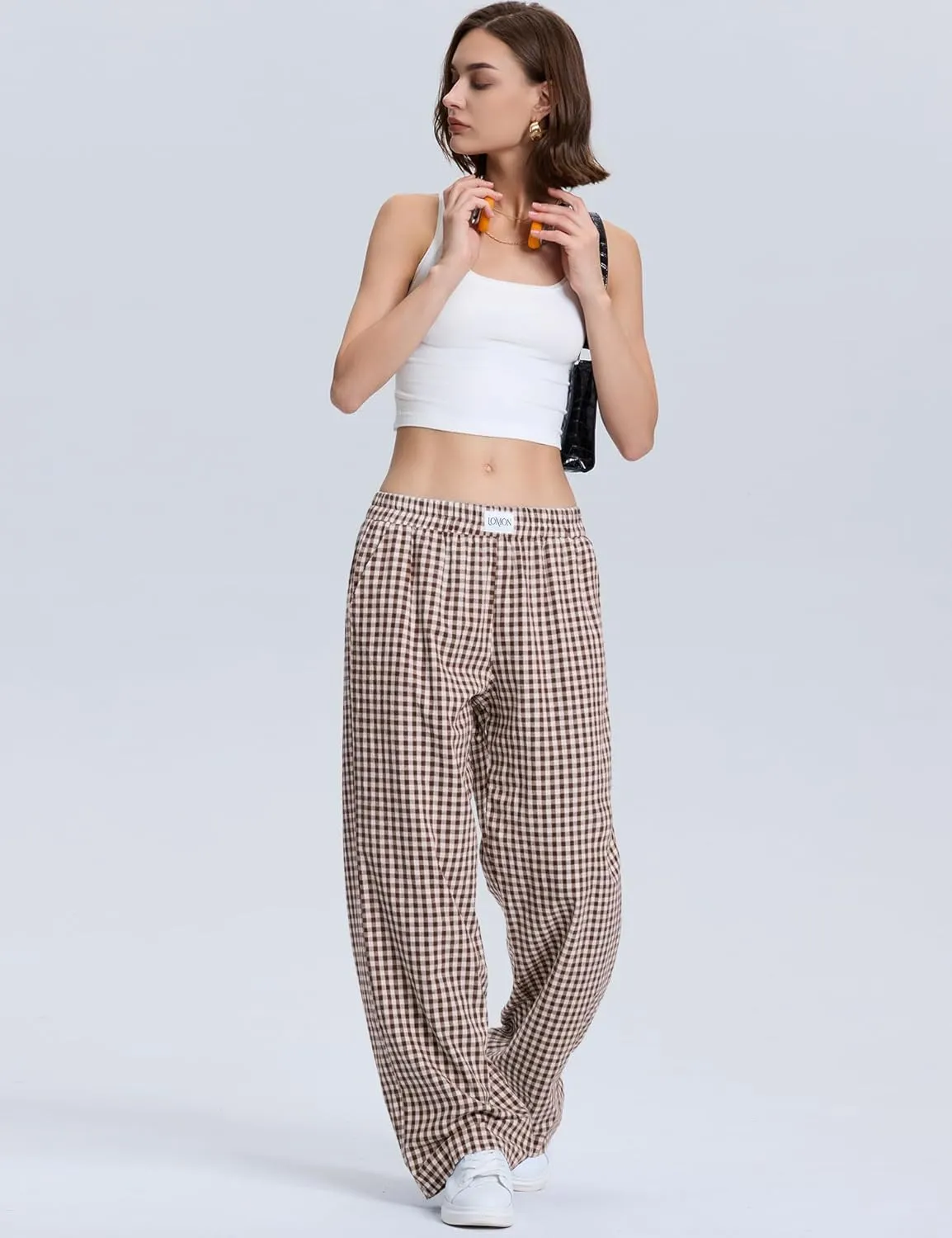 LOMON Women's Striped Gingham Boxer Pants Cotton Pajama Lounge Pj Casual Plaid Trousers Y2K Beach Bottoms with Pockets