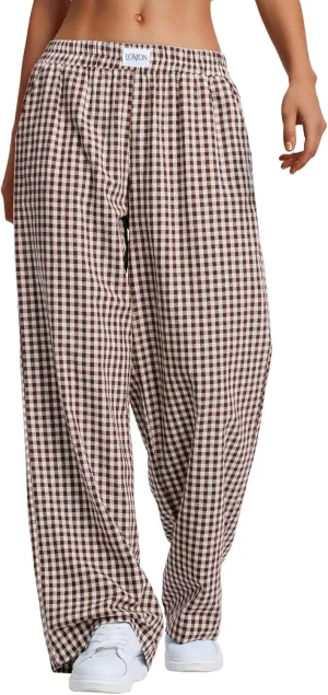 LOMON Women's Striped Gingham Boxer Pants Cotton Pajama Lounge Pj Casual Plaid Trousers Y2K Beach Bottoms with Pockets