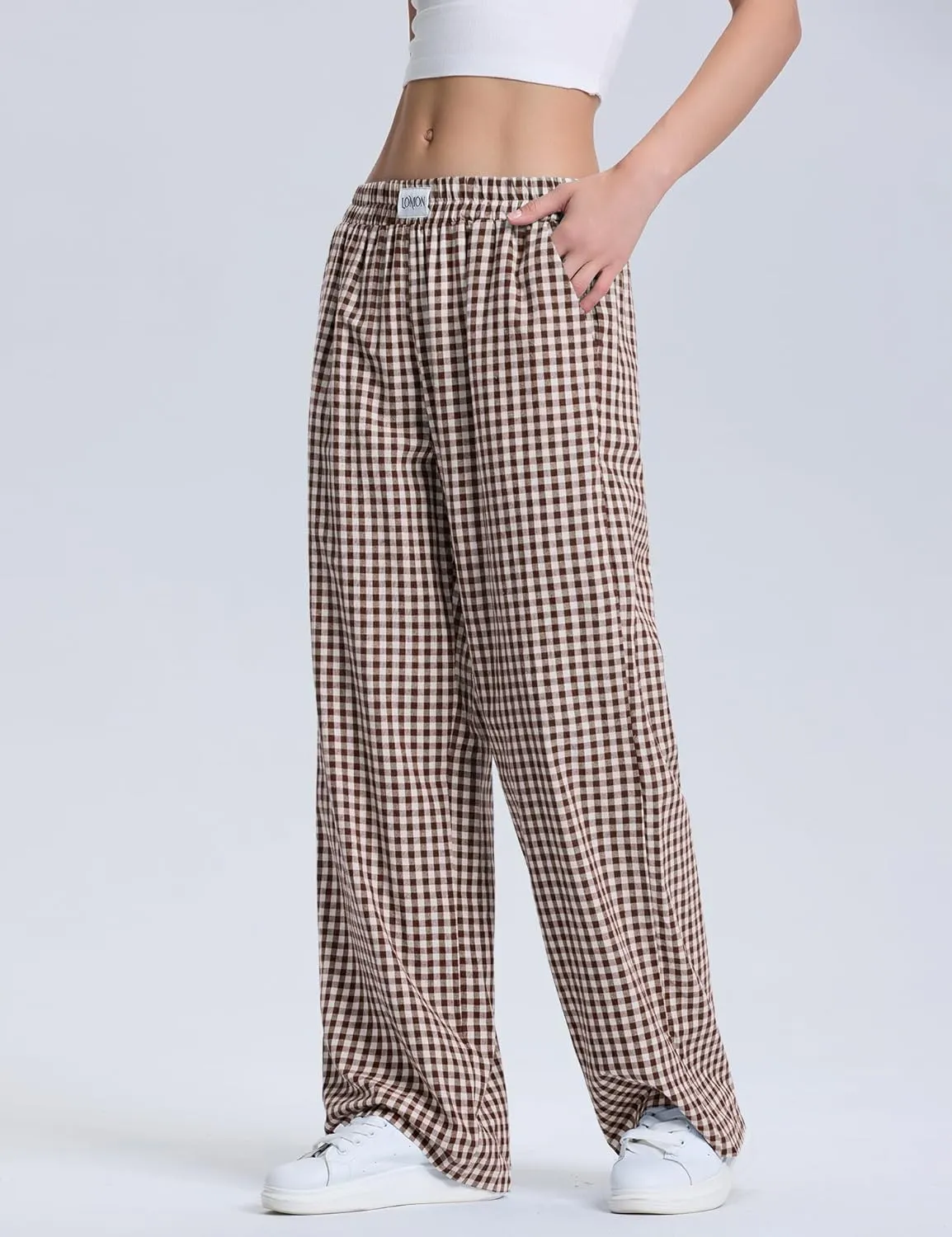 LOMON Women's Striped Gingham Boxer Pants Cotton Pajama Lounge Pj Casual Plaid Trousers Y2K Beach Bottoms with Pockets