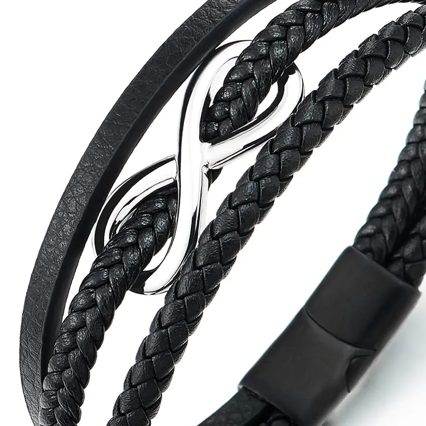 Men Women Steel Infinity Love Number 8 Friendship Bracelet Three-Strand Black Braided Leather Bangle