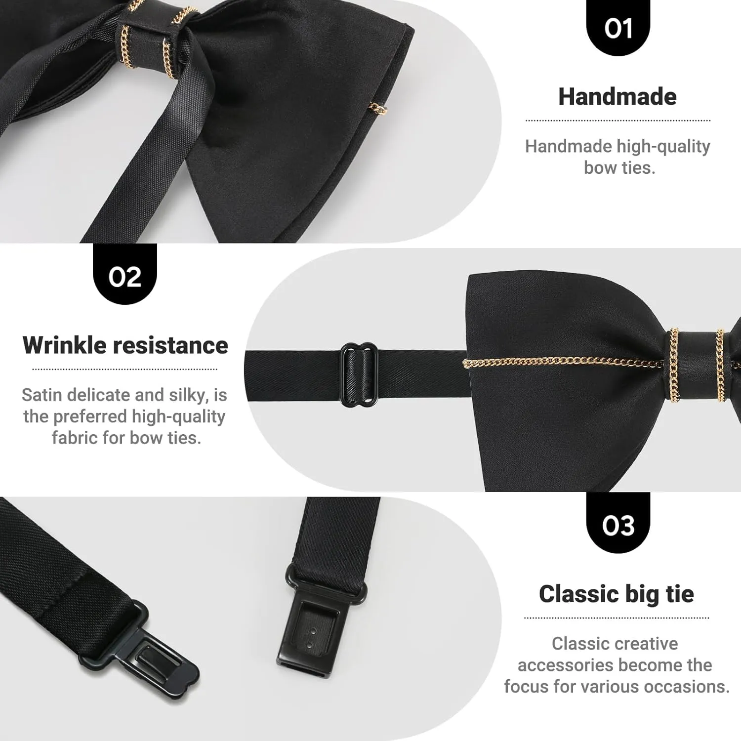 Mens Black Oversized Bow Tie Satin Silk Adjustable Large Solid Pre-tied Tuxedo Big Bow Ties for Men with Gift Box
