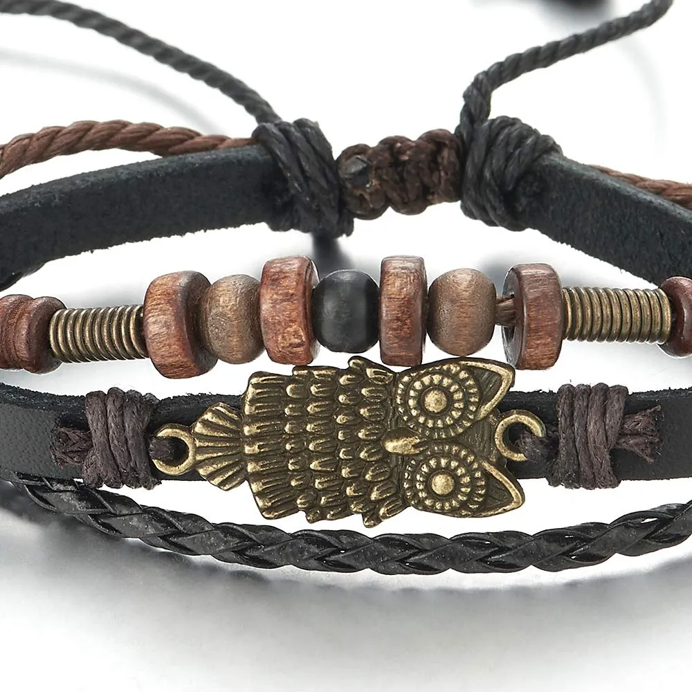 Mens Womens Multi-Strand Braided Leather Cotton Strap Bracelet with Owl and Beads Charms