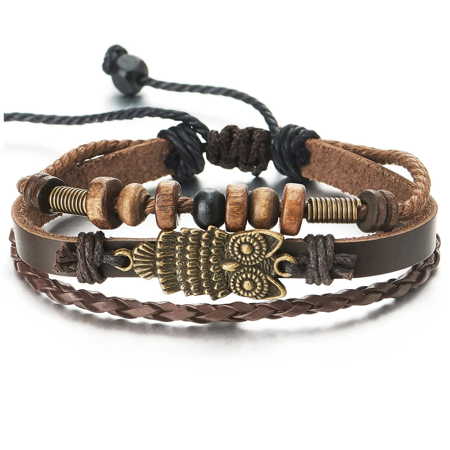 Mens Womens Multi-Strand Braided Leather Cotton Strap Bracelet with Owl and Beads Charms