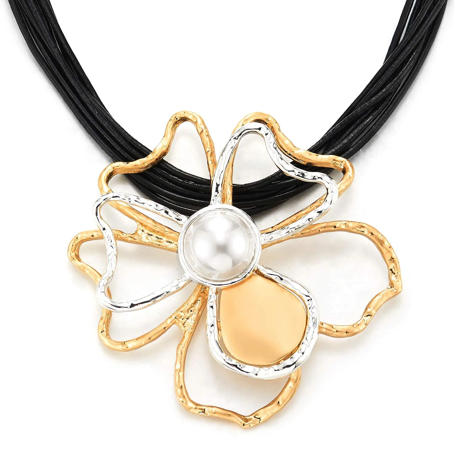 Multi-strand Black Leather Rope Statement Necklace Pearl Silver Gold Wire Flower Camellia Charm
