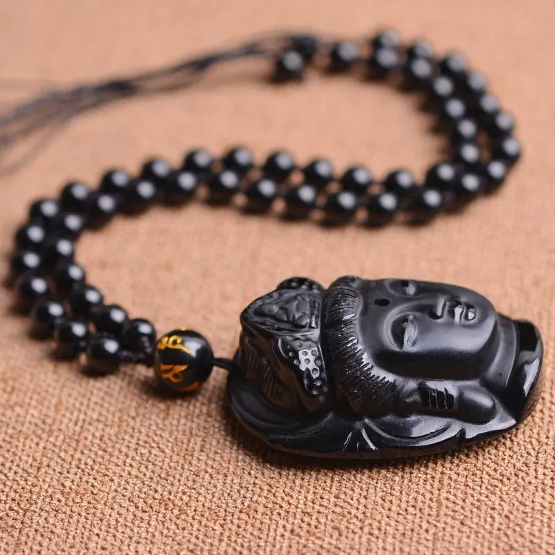 Natural Obsidian Buddha Pendant Necklace Obsidian Stone Necklace Obsidian Crystal