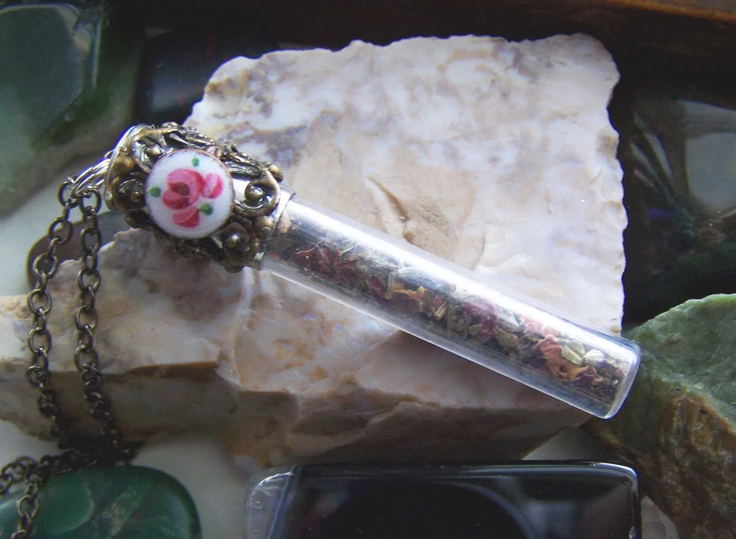 Rose and Lavender Herbal Bullet Jewelry Pendant Necklace