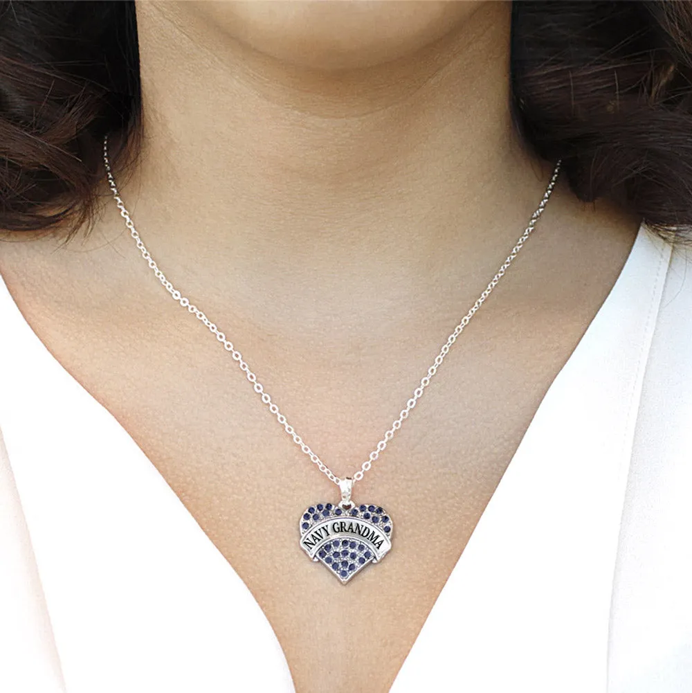 Silver Navy Grandma Blue Pave Heart Charm Classic Necklace