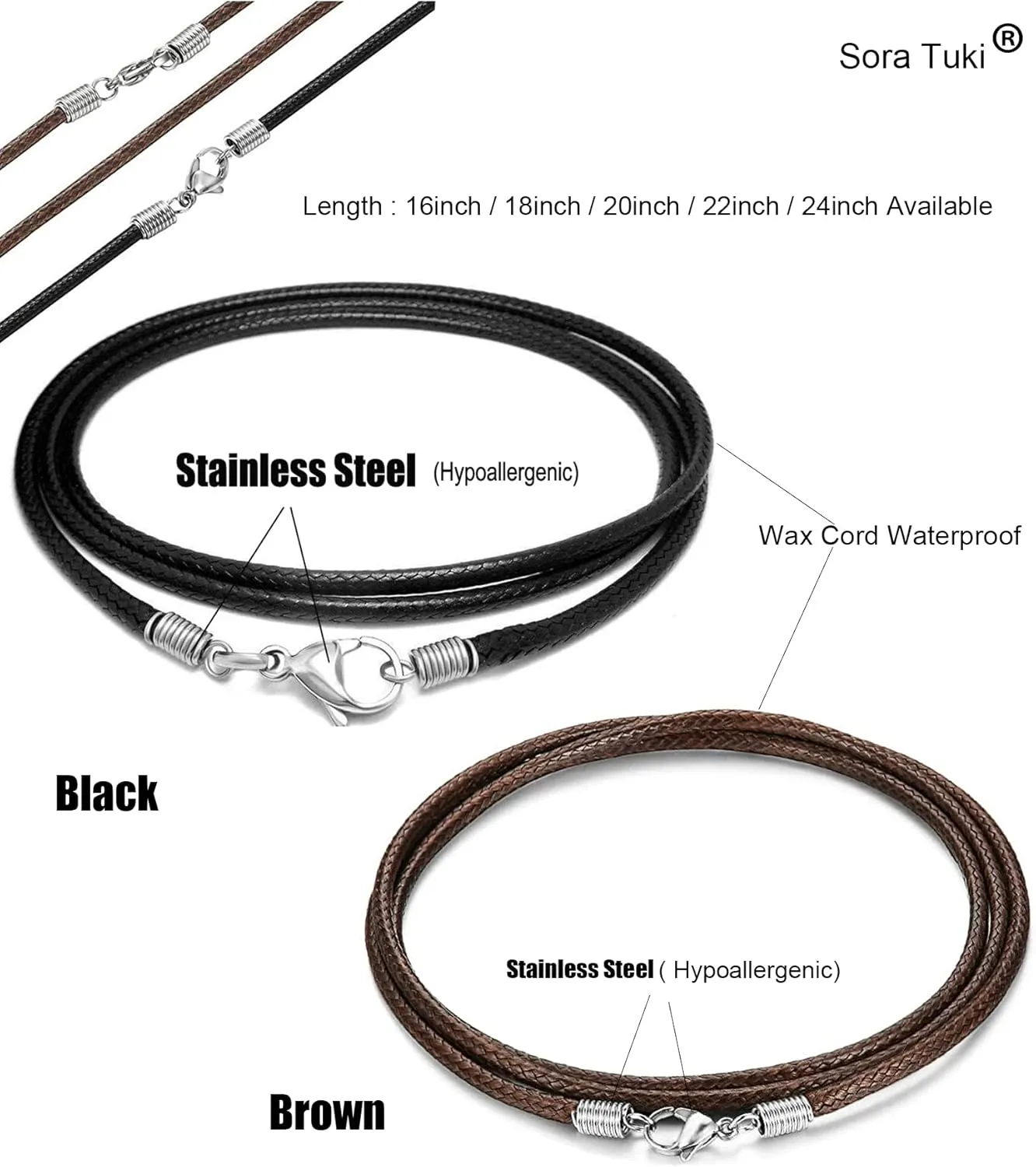 Sora Tuki Leather Necklace Cord with Clasp 16inch to 24inch Braided Rope Necklace for Men Women Stainless Steel Clasp 2mm Black Leather Cord Necklace Brown Leather Necklace