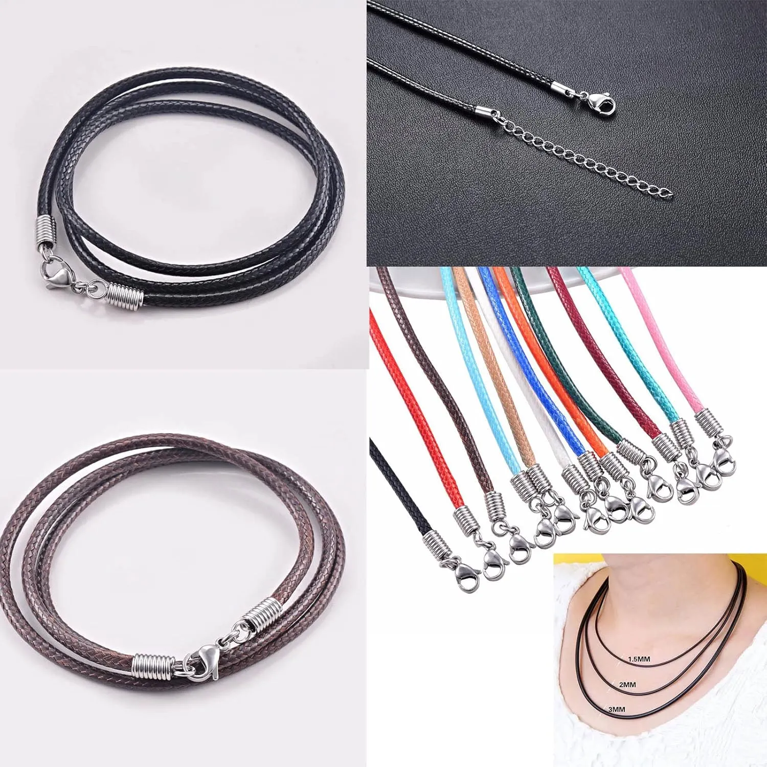 Sora Tuki Leather Necklace Cord with Clasp 16inch to 24inch Braided Rope Necklace for Men Women Stainless Steel Clasp 2mm Black Leather Cord Necklace Brown Leather Necklace