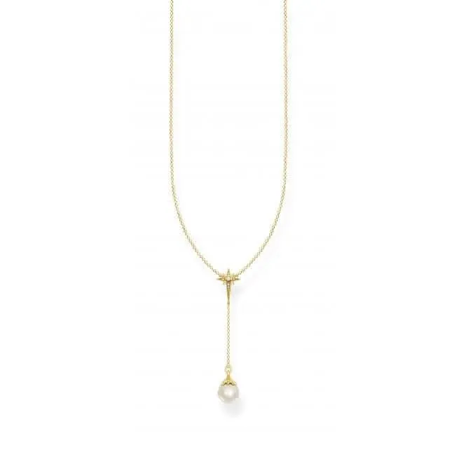 Sterling Silver Gold Plated Pearl Zirconia Star Necklace KE1986-445-14-L45V