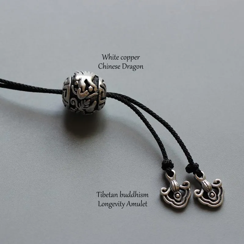 Tibetan White Copper Bat/Dragon Longevity Amulet Necklace